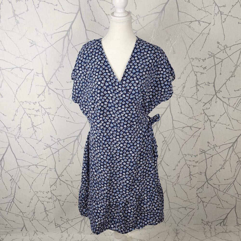 Old Navy Blue Daisy Floral Printed 55% Linen Blend Peplum Wrap Dress